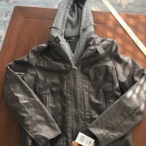 Gray Faux Leather Jacket with Hood NWT